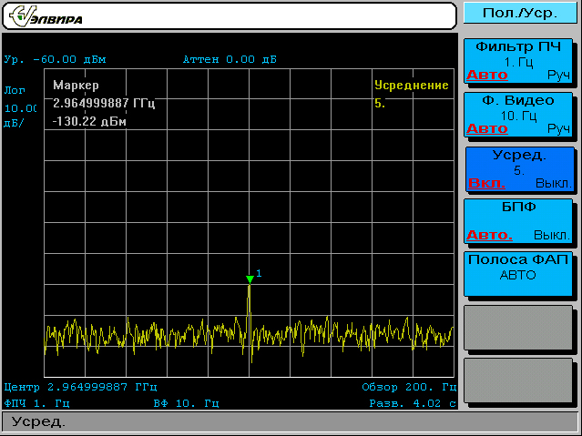 Чувствительность СК4-БЕЛАН 32 в стандартной комплектации на частоте 2965МГц. С генератора подан сигнал с уровнем -130дБм, полоса обзора 200Гц, ФПЧ 1Гц, аттенюатор 0дБ.