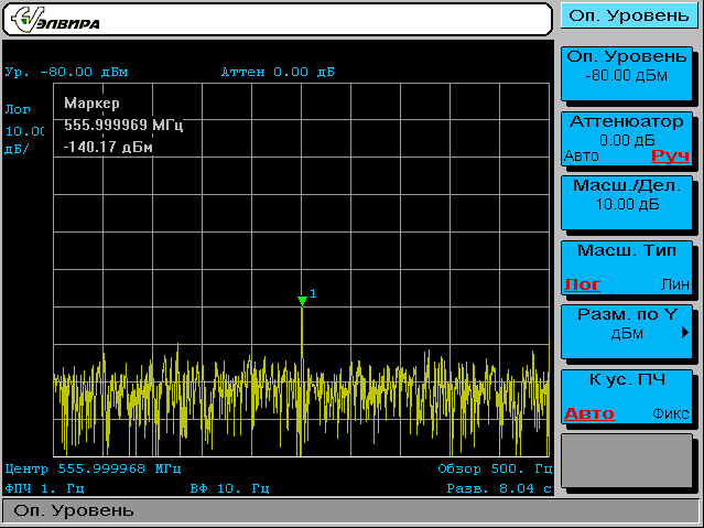  Чувствительность СК4-БЕЛАН 32 с опцией 001 на частоте 556МГц. С генератора подан сигнал с уровнем -140дБм, полоса обзора 500Гц, ФПЧ 1Гц, аттенюатор 0дБ