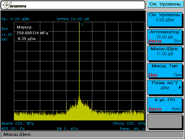  Спектральная чистота сигнала и уровень случайных дискретных составляющих СК4-БЕЛАН 32 с опцией 003 на частоте 250МГц в полосе 100кГц при использовании фильтра ПЧ 10Гц. Для того чтобы были видны шумы установлен масштаб 11дБ/деление.